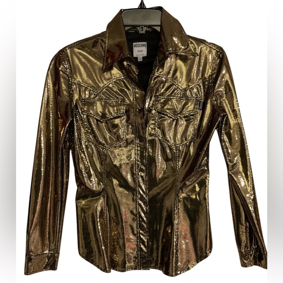 Moschino Jeans Vintage Gold Metallic Button Down Snap Blouse Shirt Top Y2K sz 42 - Picture 1 of 10